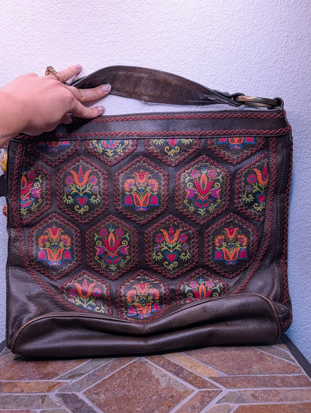 Isabella Fiore Leather Hobo Bag Folk Art Painted Whipstitch Boho Whimsical Chic
